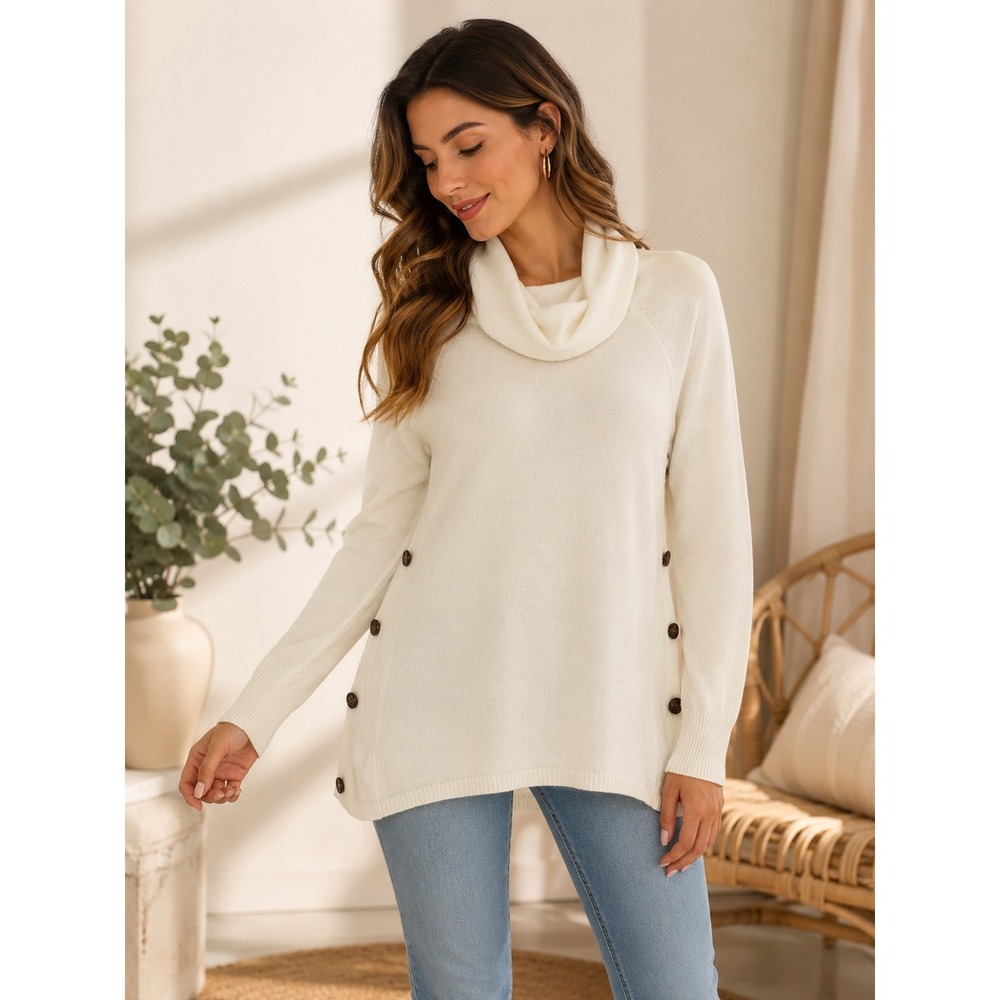 Cremieux Womens Cowl Neck Button Side Knit Sweater Cream White Medium
